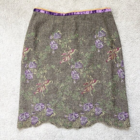 Vintage Floral Wool Midi Skirt Size 16 Scalloped Hem Academia Retro 1970s 1980s - Picture 1 of 8